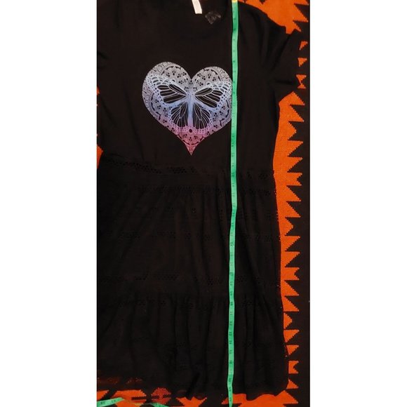 Handmade Upcycled Black Mini Dress with Butterfly and Lace. Some Stretch. L/XL - Picture 4 of 16